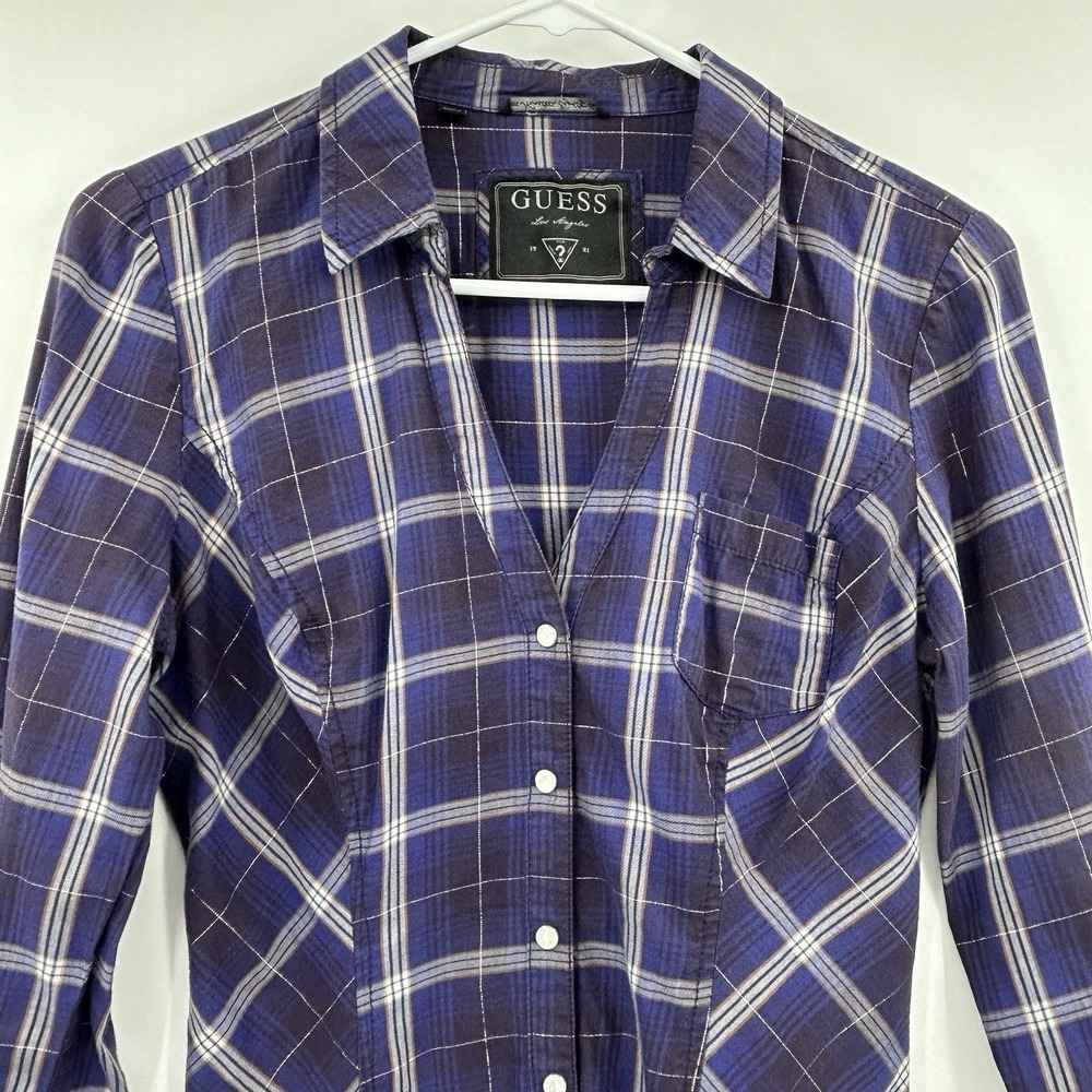 Guess Y2K Womens Pearl Snap Shirt Size Small Blue Plaid Long Sleeve Western 90s - Picture 3 of 7
